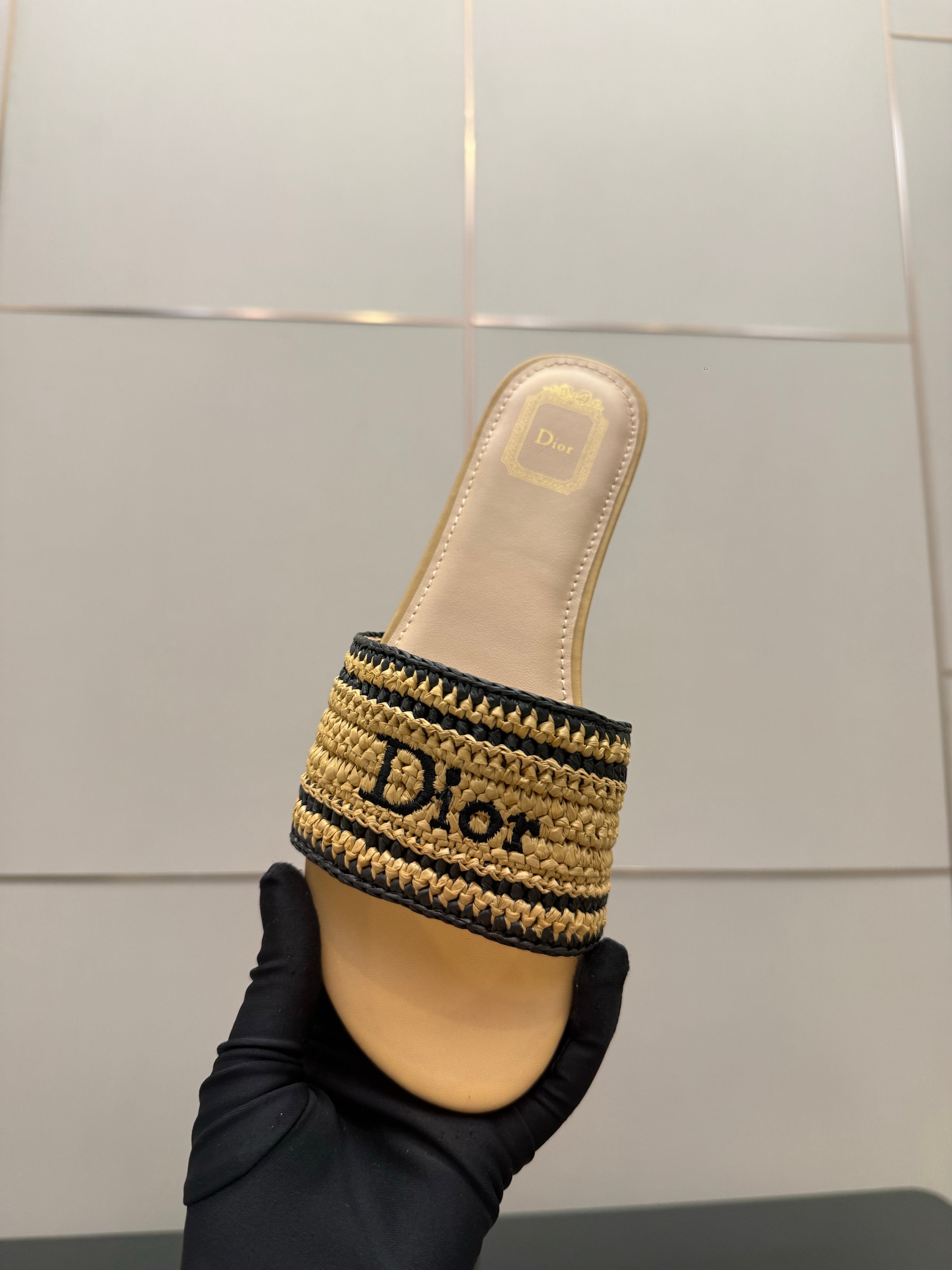 CD Dioriviera Woven Slides Beige Fabric Goatskin 828264