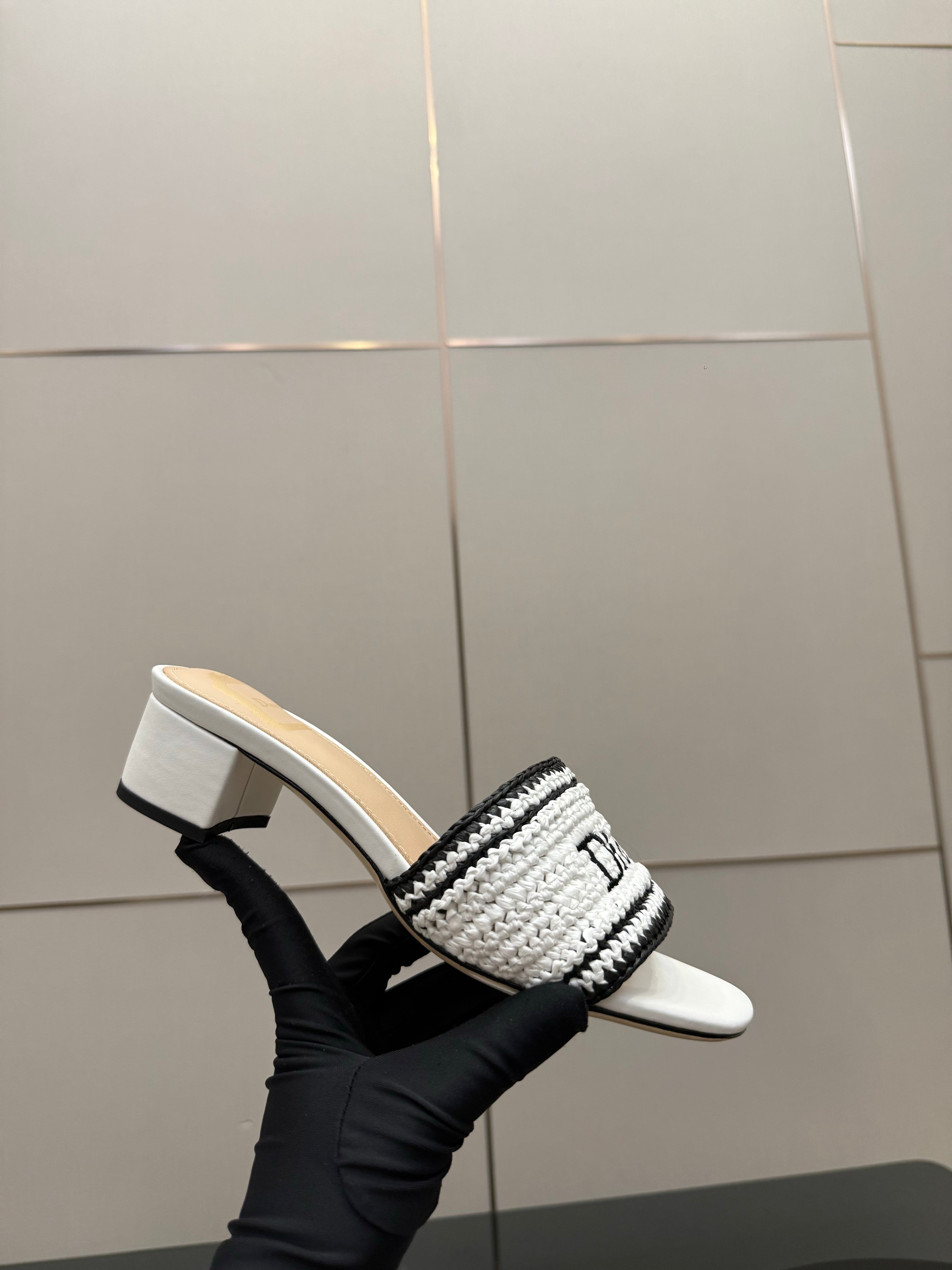 CD Dioriviera Woven Slides 4cm White Fabric Goatskin 828265