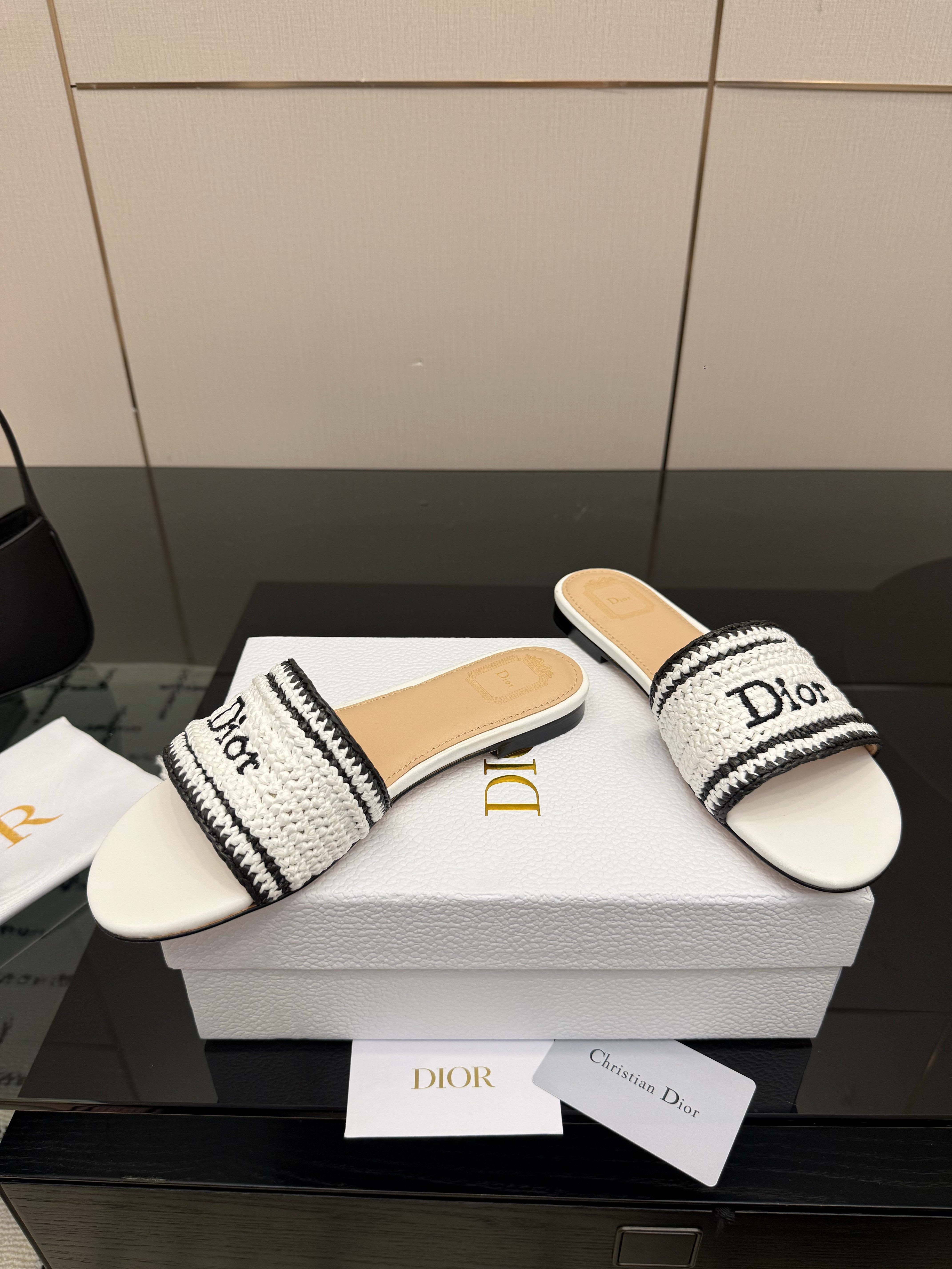CD Dioriviera Woven Slides White Fabric Goatskin 828267
