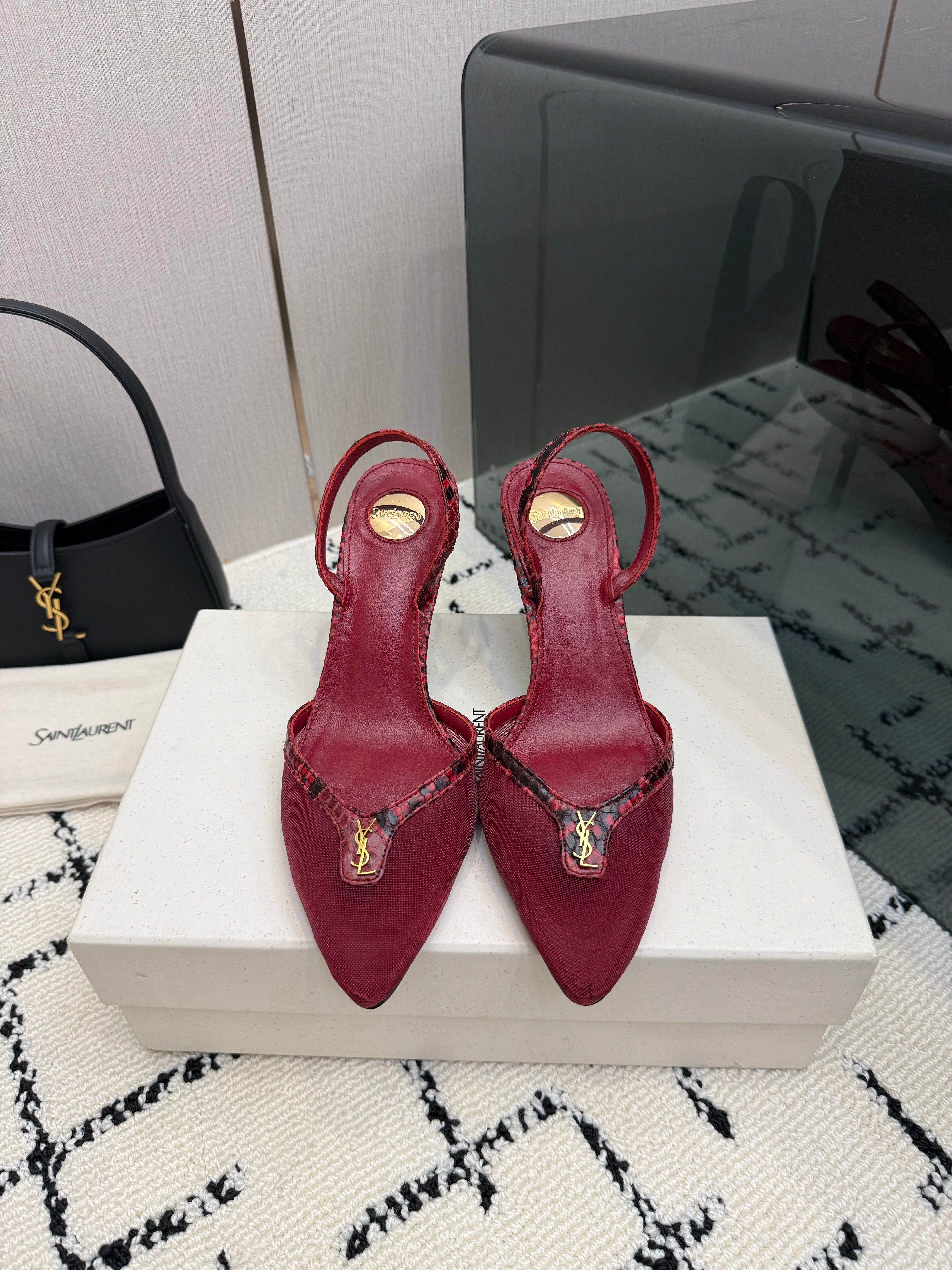 YSL Sandal Burgundy Leather Mesh 894454