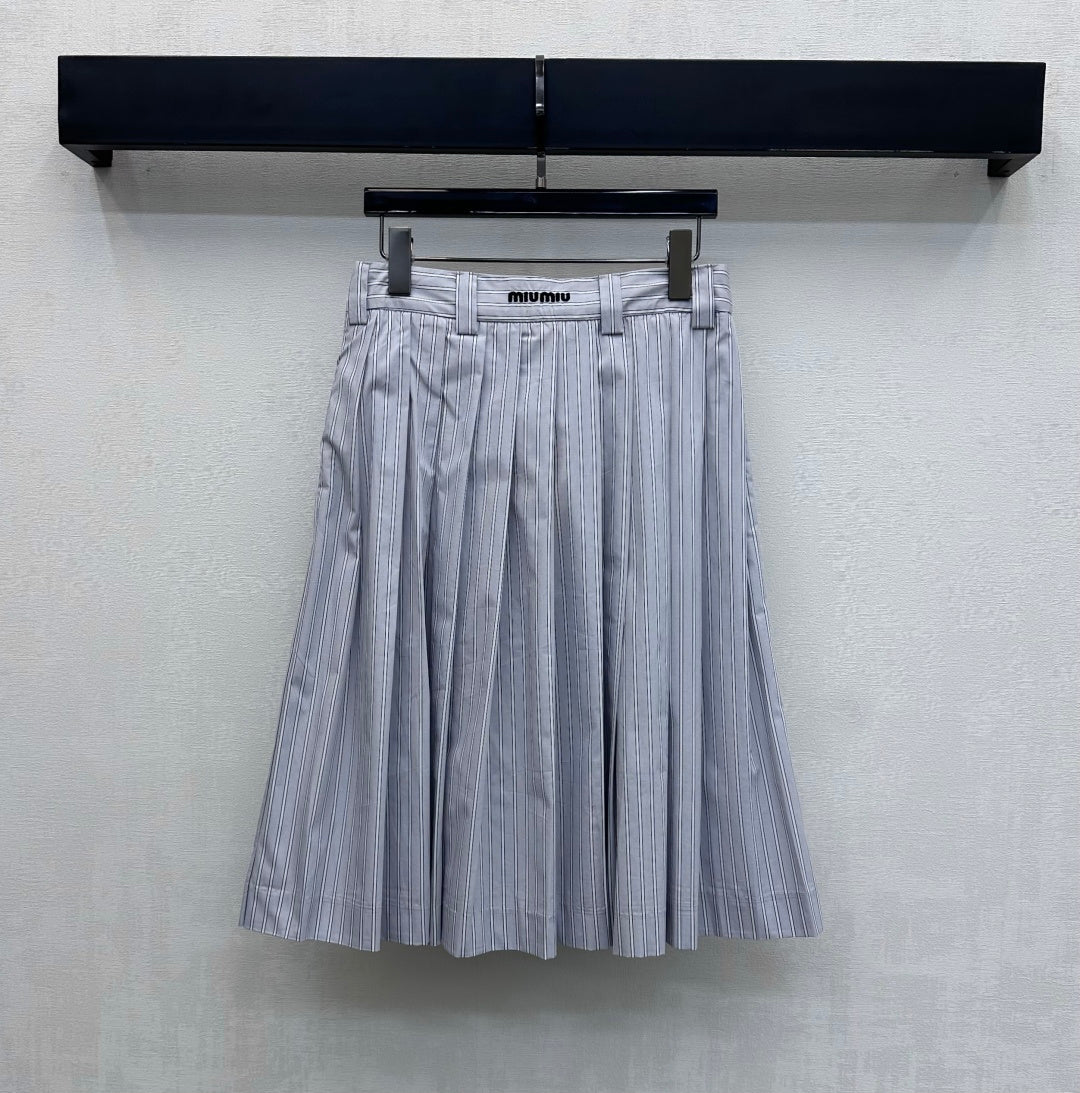 Miu Miu Pleated Striped Midi Skirt Grey Cotton 341903