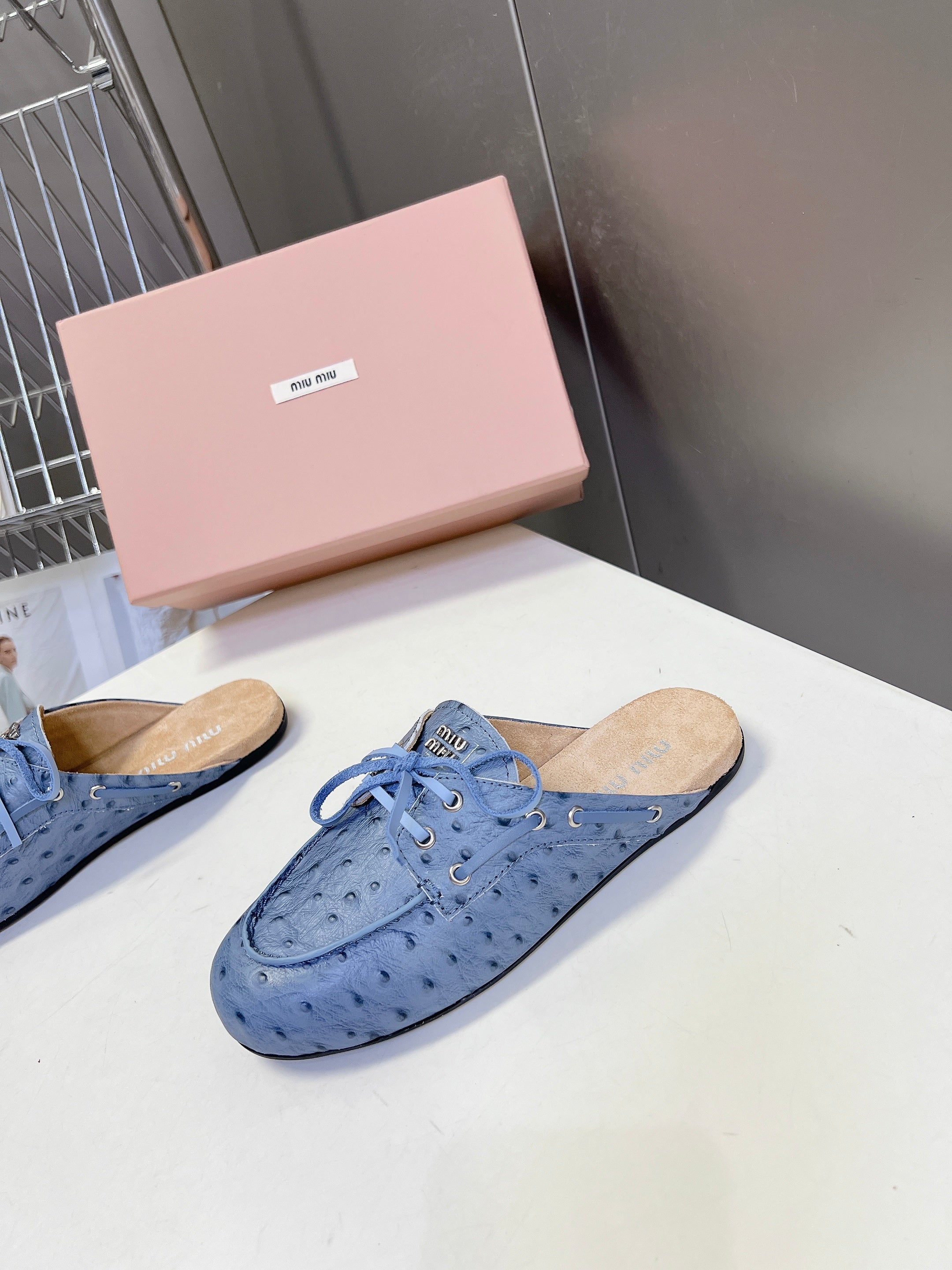 Miu 26s Loafer Mules Blue Ostrich Leather 794784