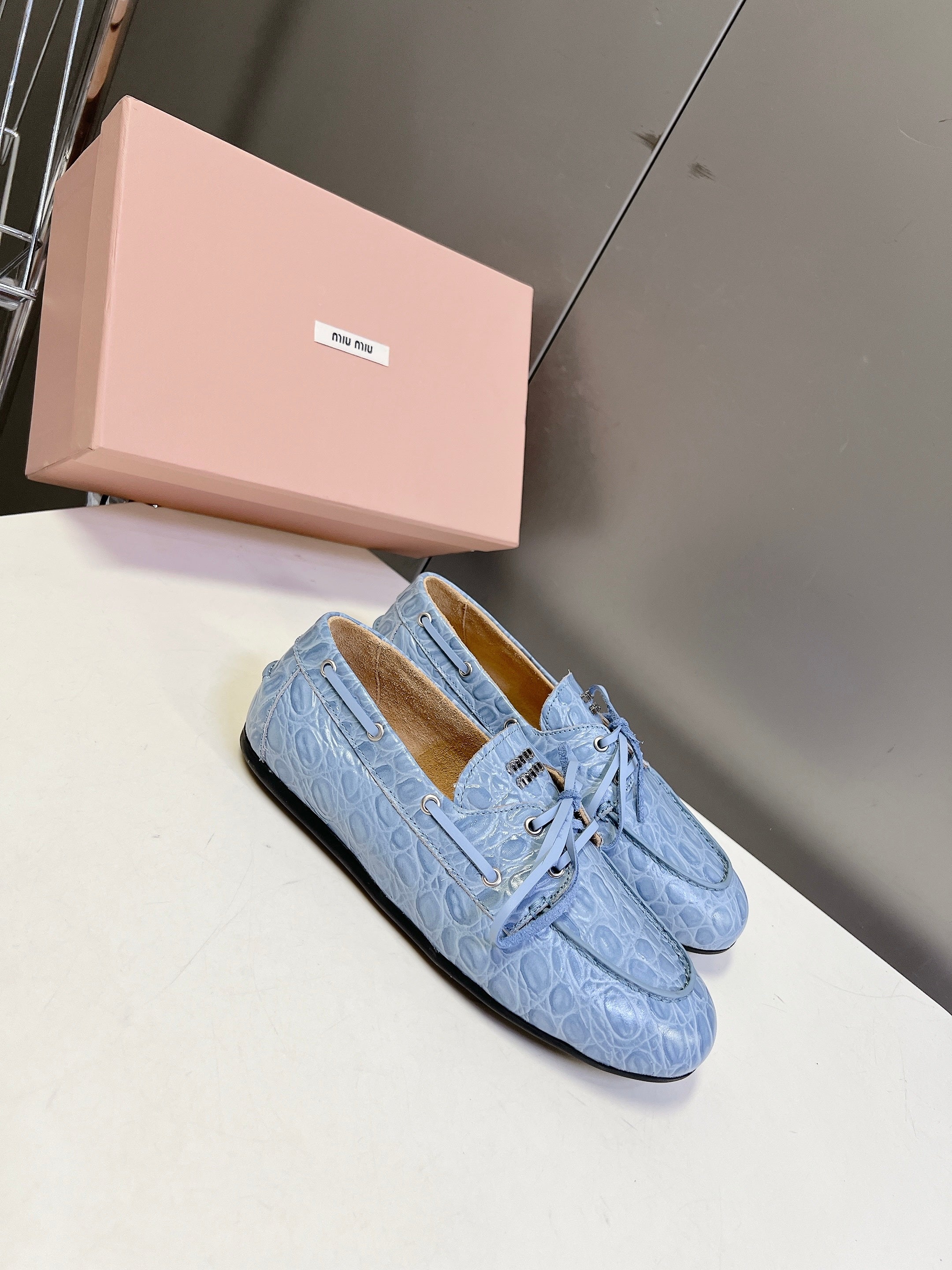 Miu 26s Loafer Light Blue Croc Embossed Leather 794788
