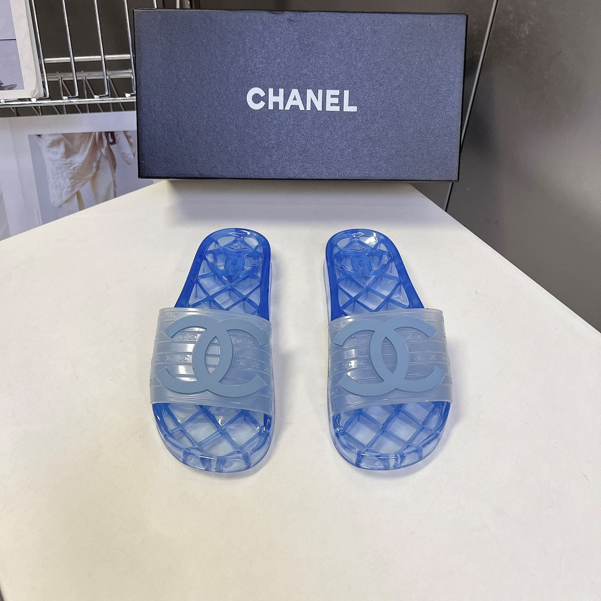 CC 26s Flat Slide Sandals Blue PVC Transparent 947930
