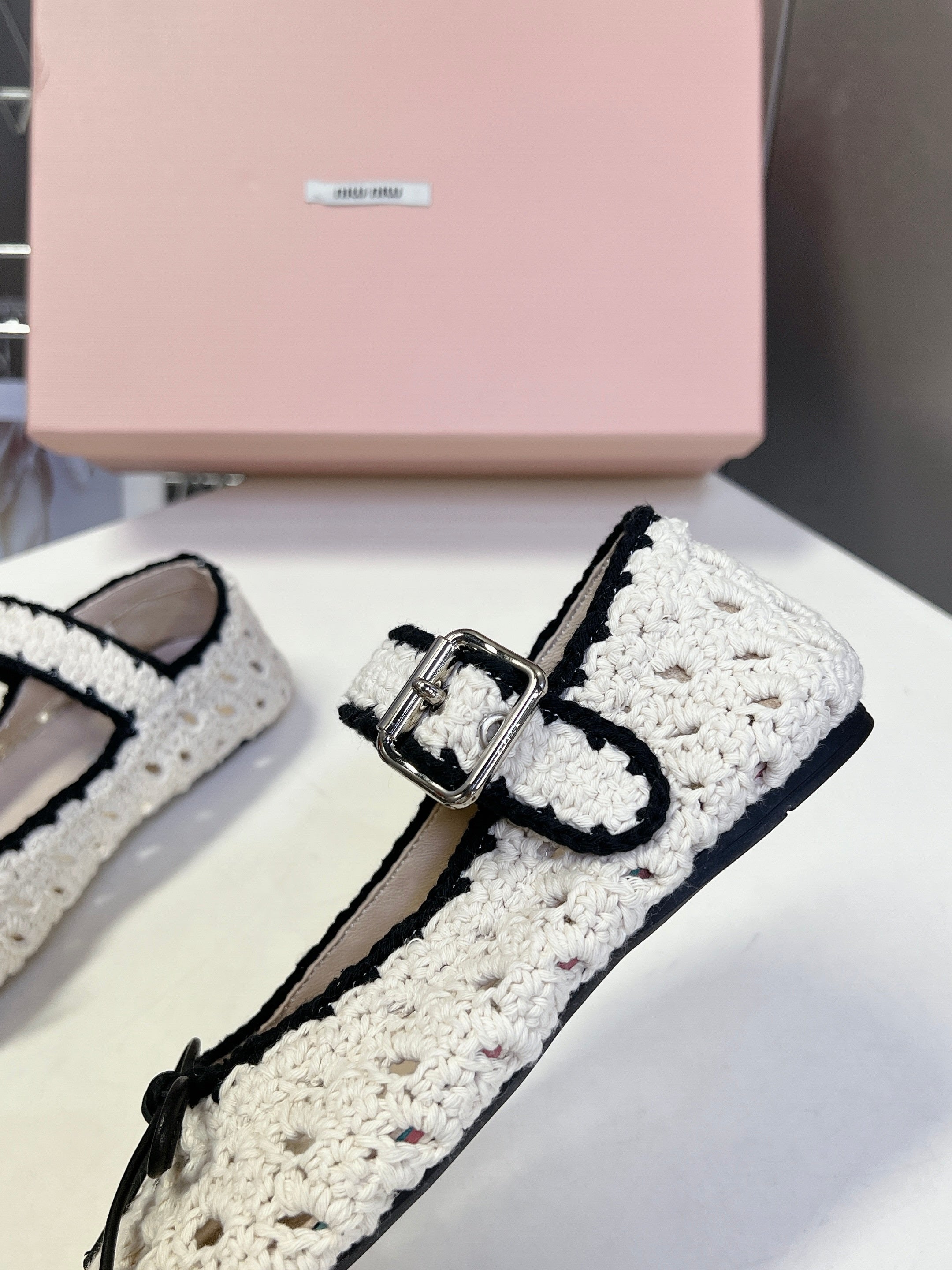 Miu 26s Crochet Ballerinas White Black Cotton 948072