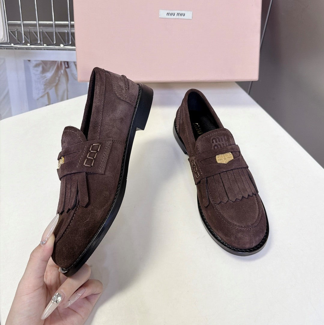 Miu 26s Fringe Loafers Dark Brown Suede 994222