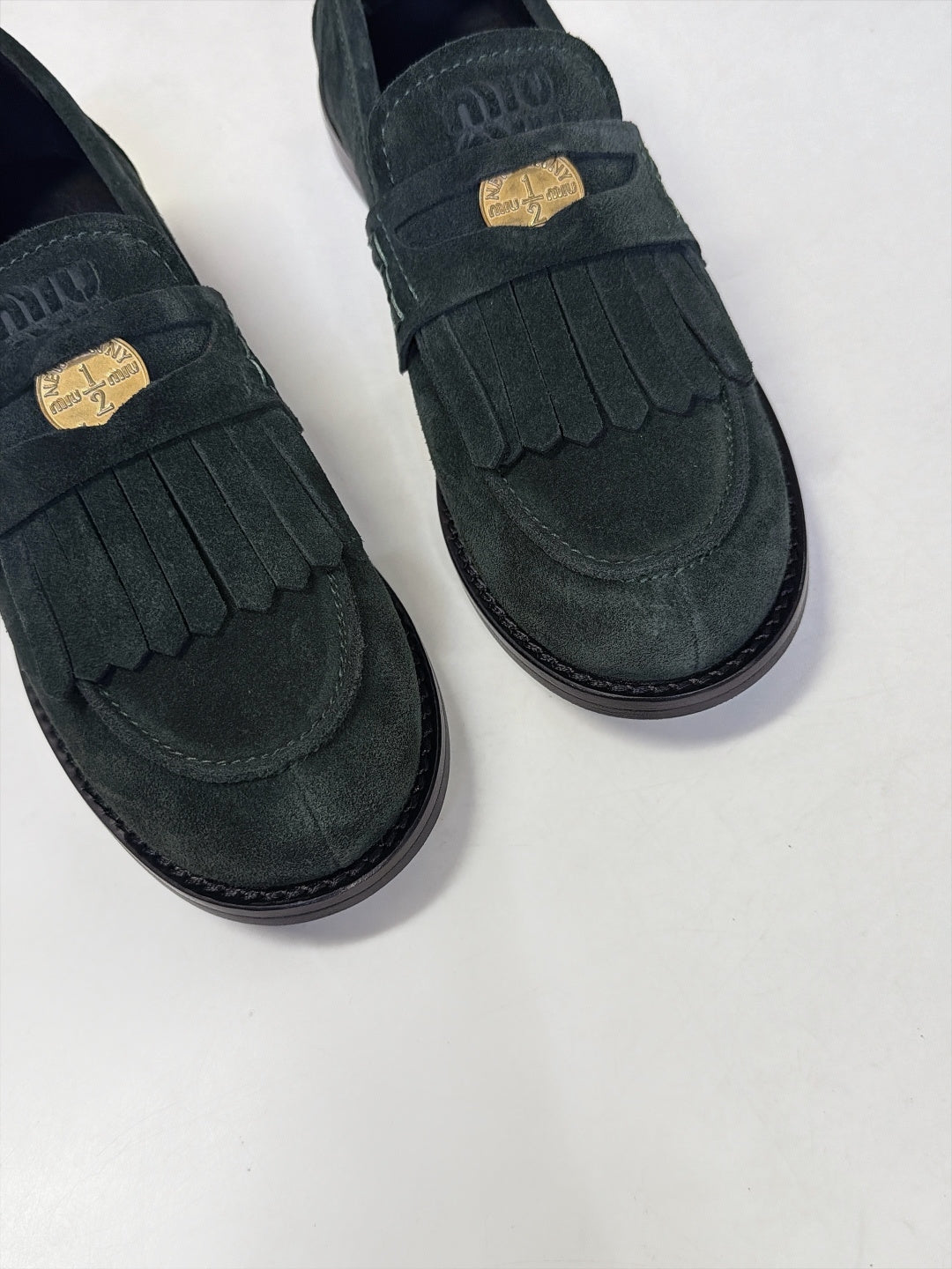 Miu 26s Fringe Loafers Dark Green Suede 994223