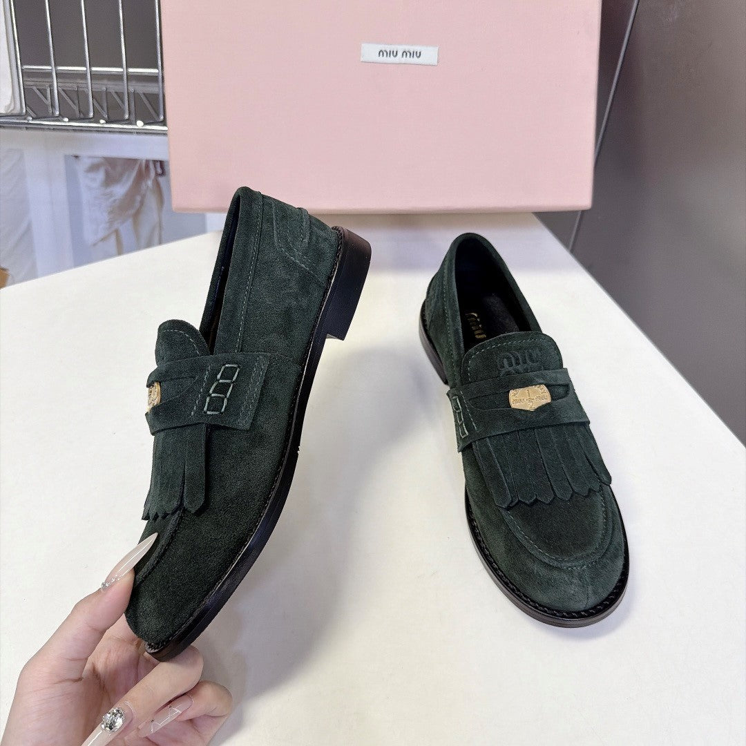 Miu 26s Fringe Loafers Dark Green Suede 994223
