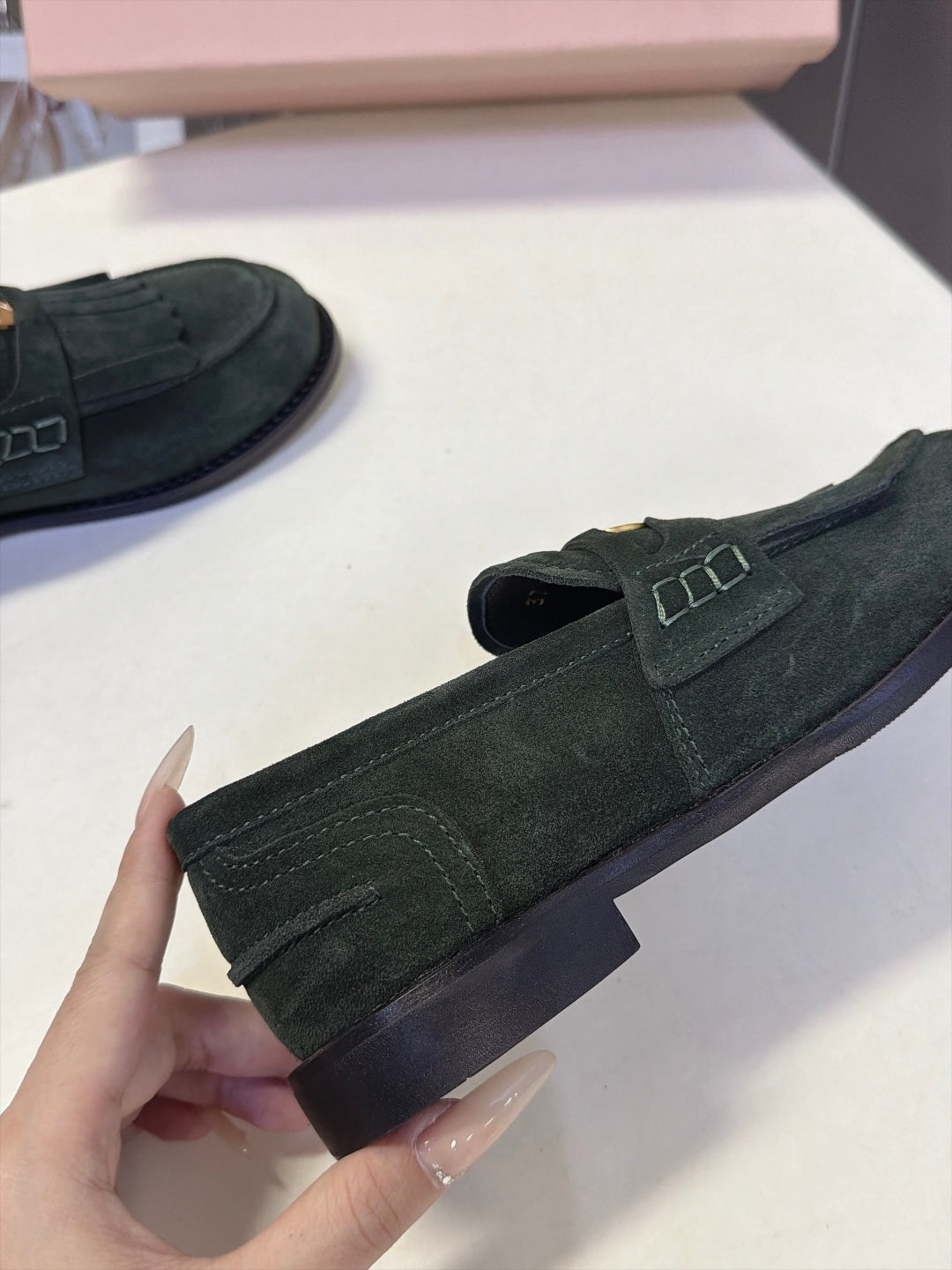 Miu 26s Fringe Loafers Dark Green Suede 994223