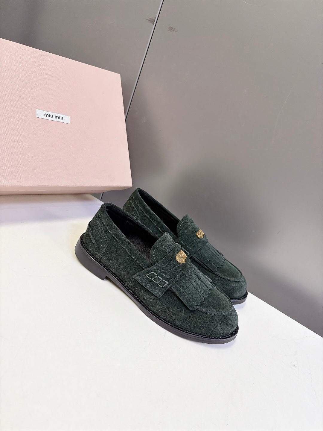 Miu 26s Fringe Loafers Dark Green Suede 994223