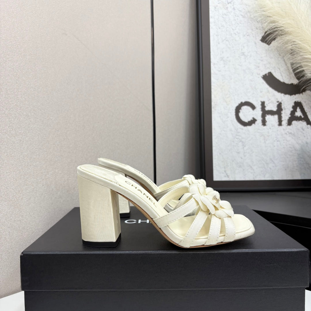 CC 25 Camellia Open Heel Mule Sandals 90mm Ivory Sheepskin And Fabric 368840