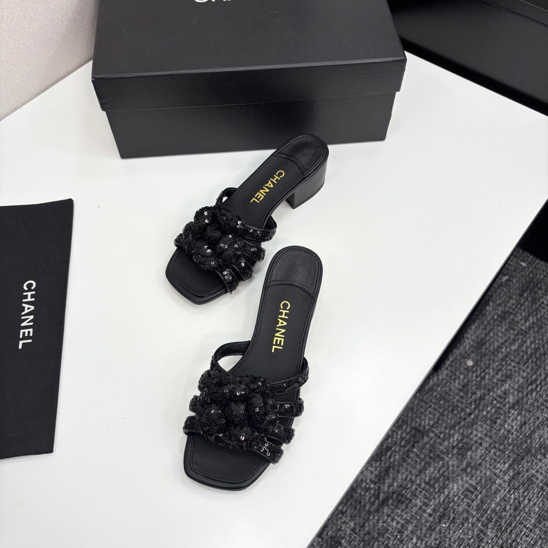 CC 25 Camellia Open Heel Mule Sandals 50mm Black Coarse Glitter Fabric And Sheepskin 368856