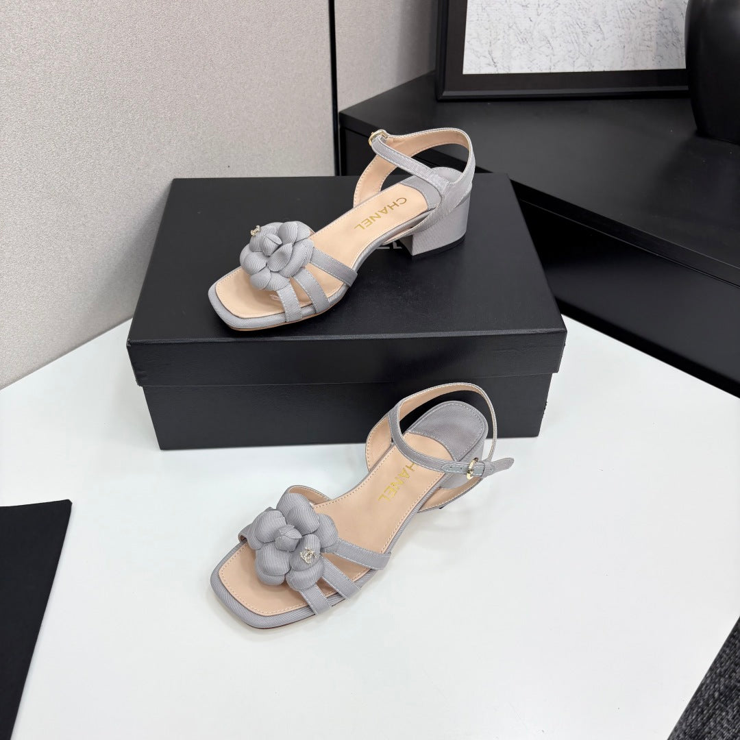 CC 25 Camellia Open Heel Sandals 50mm Grey Beige Sheepskin And Fabric 368814