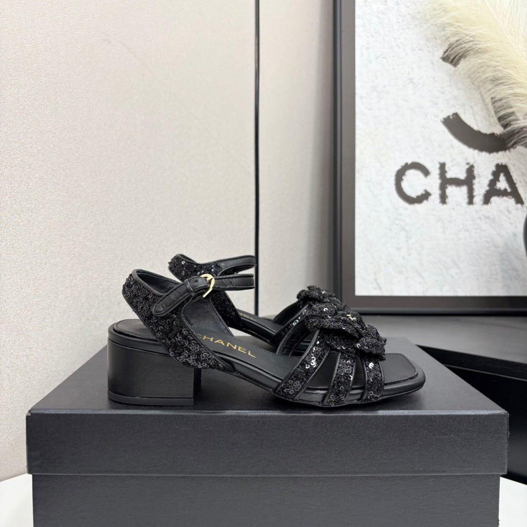 CC 25 Camellia Open Heel Sandals 50mm Black Coarse Glitter Fabric And Sheepskin 368815