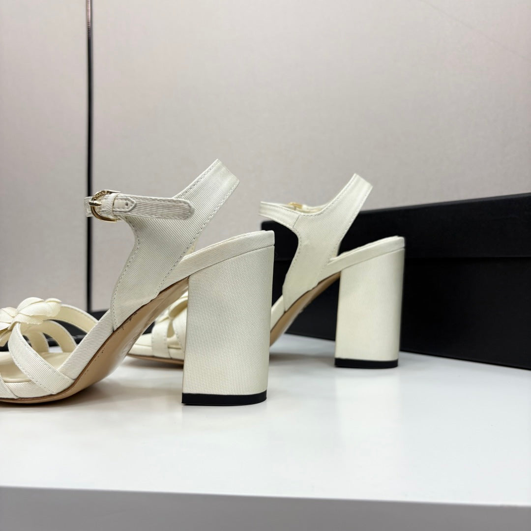 CC 25 Camellia Open Heel Sandals 90mm Ivory Sheepskin And Fabric 368816