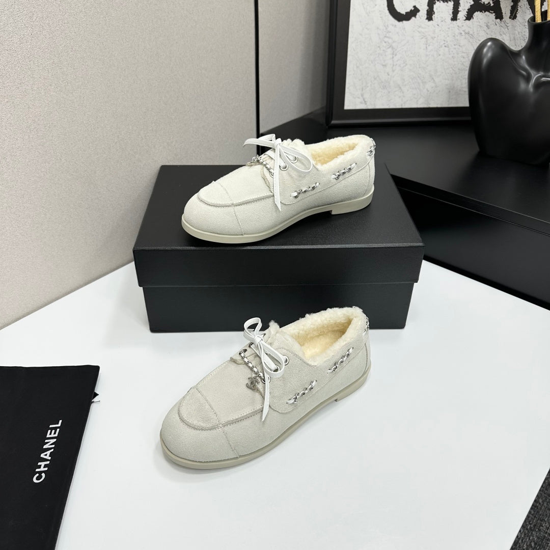 CC 26s Loafers Flat Light Gray Suede Leather Fur 109155