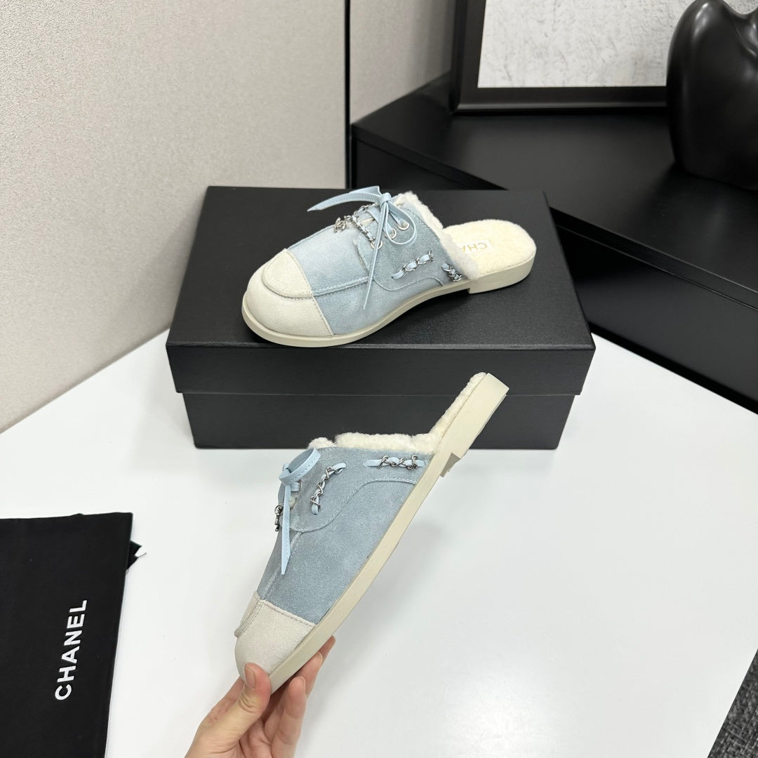 CC 26s Mules Flat Light Blue Suede Leather Fur 109161