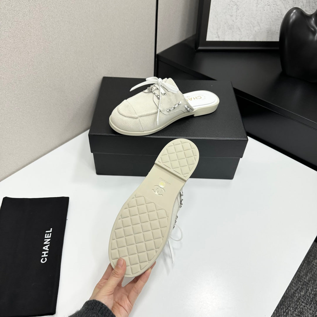 CC 26s Mules Flat Light Gray Suede Leather 109167