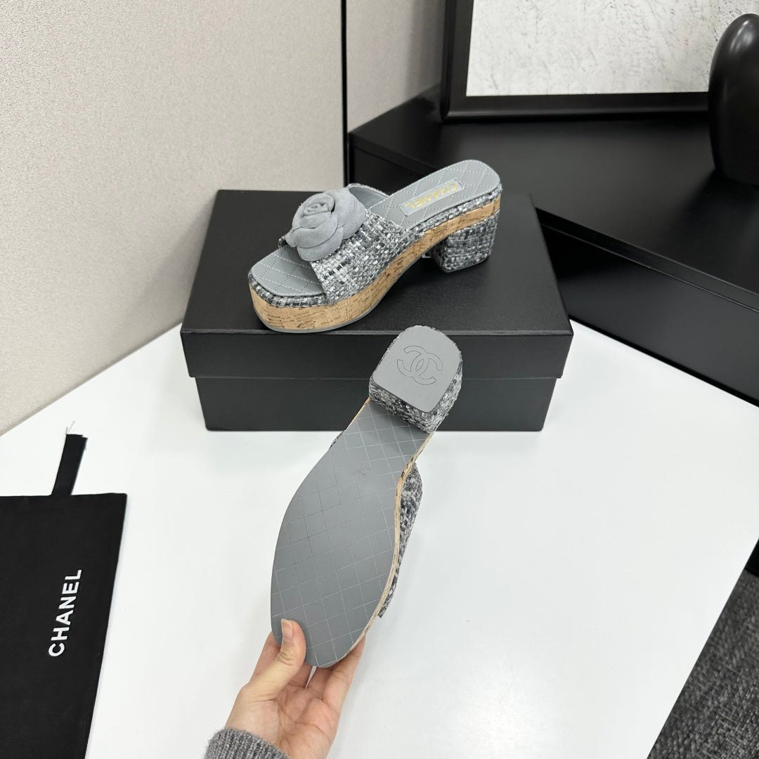 CC 26s Camellia Platform Slippers 65 Grey Tweed Lambskin 668174