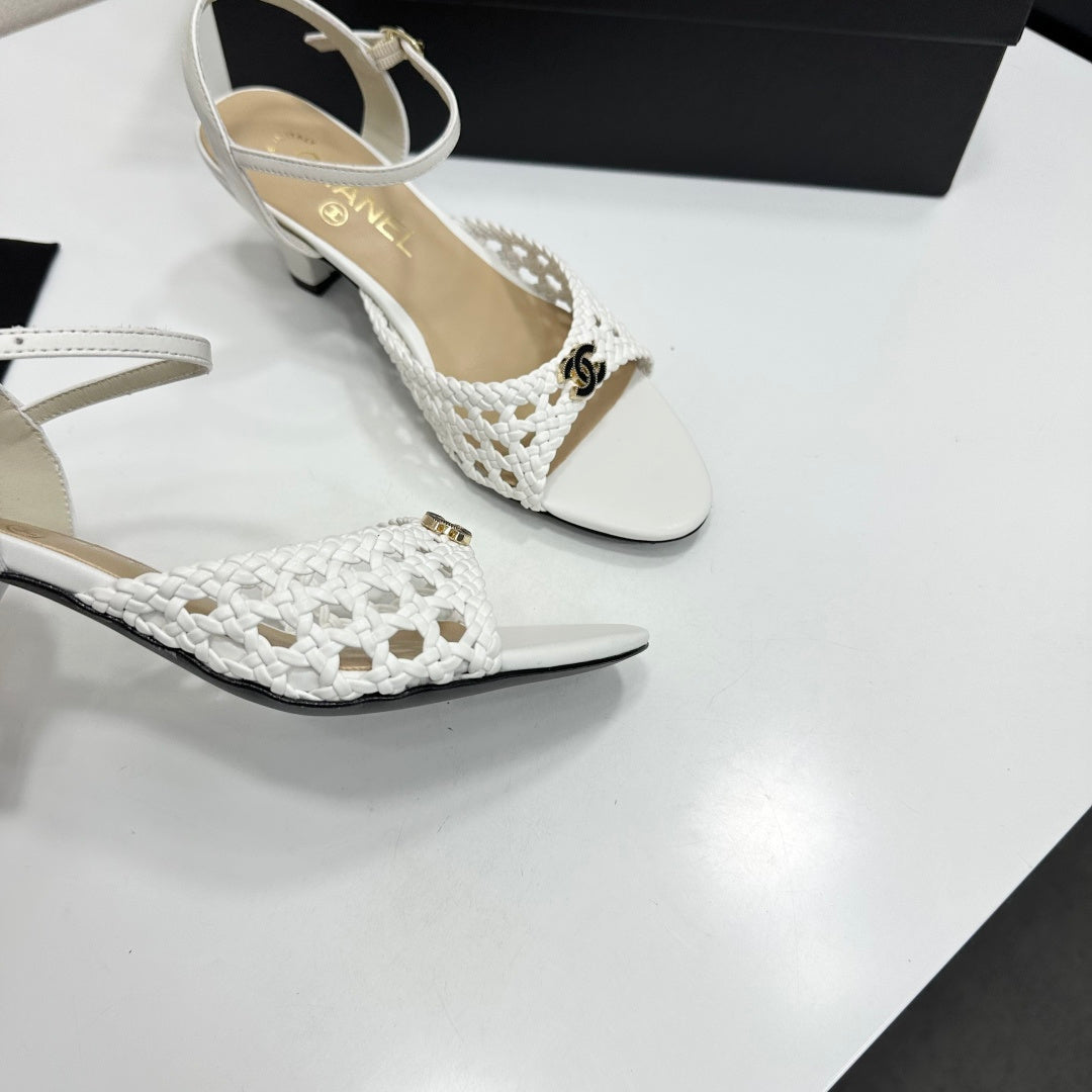 CC Openwork Sandals White Woven Sheepskin 743267
