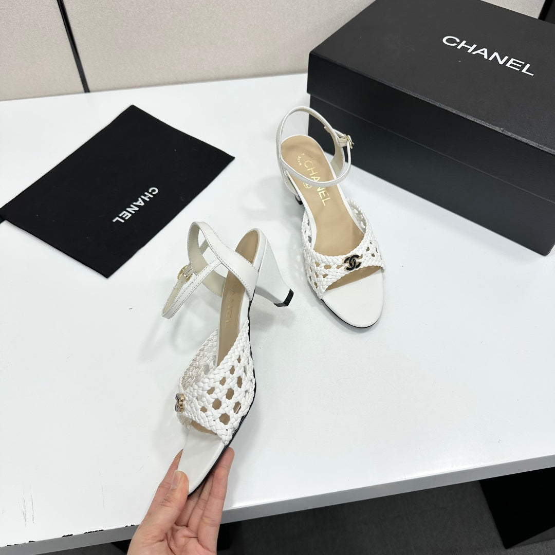 CC Openwork Sandals White Woven Sheepskin 743267