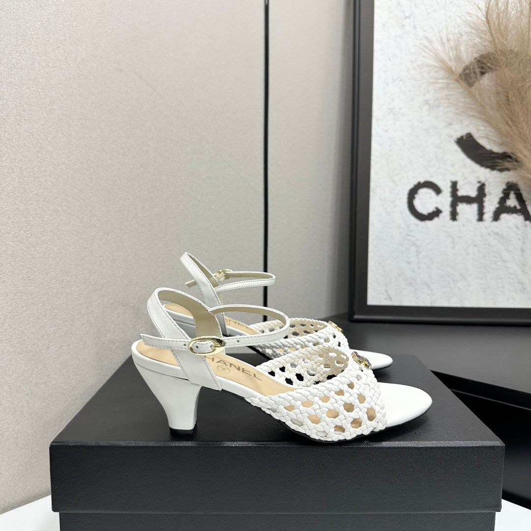CC Openwork Sandals White Woven Sheepskin 743267