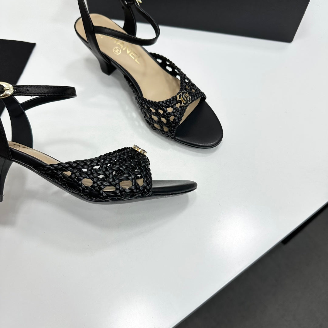 CC Openwork Sandals Black Woven Sheepskin 743268