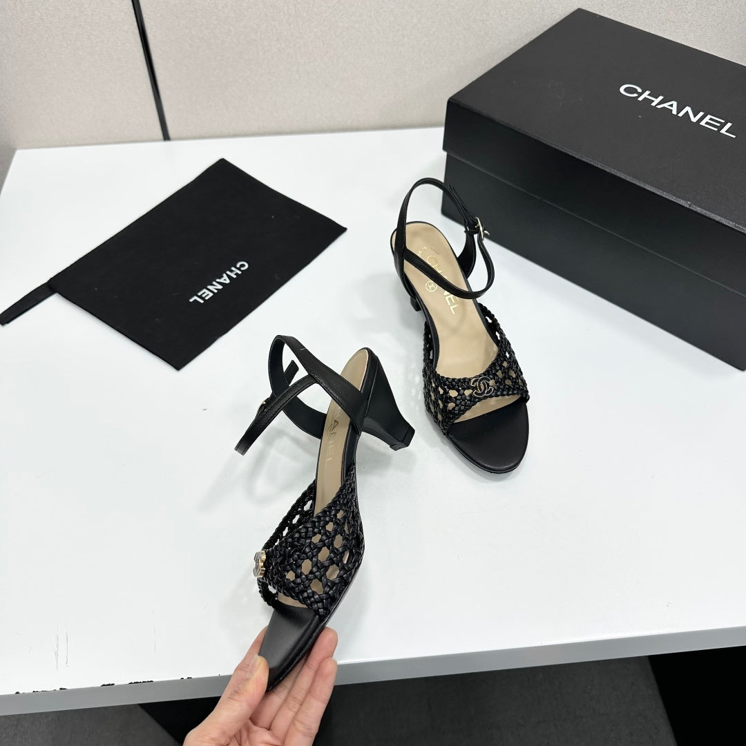 CC Openwork Sandals Black Woven Sheepskin 743268