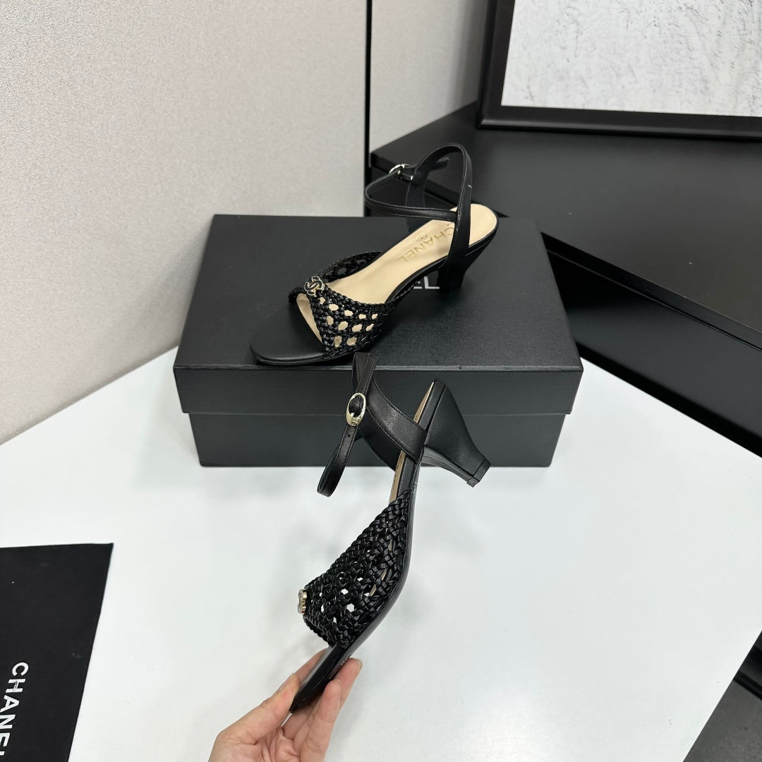 CC Openwork Sandals Black Woven Sheepskin 743268