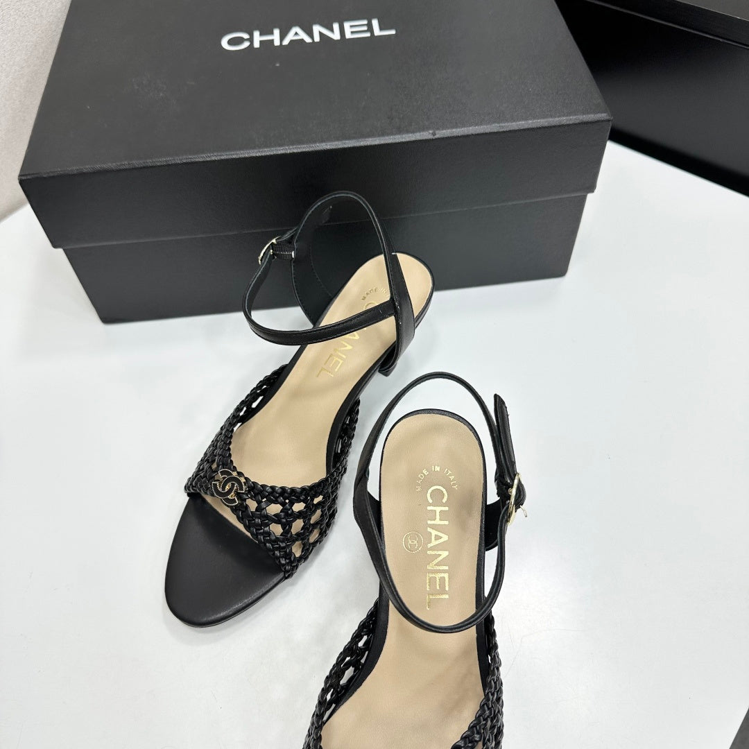 CC Openwork Sandals Black Woven Sheepskin 743268