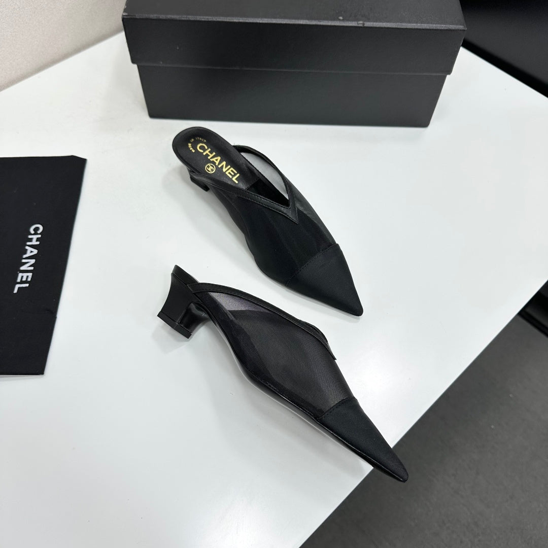CC 26s Pointed-Toe Kitten Heel Mules Black Mesh 926391