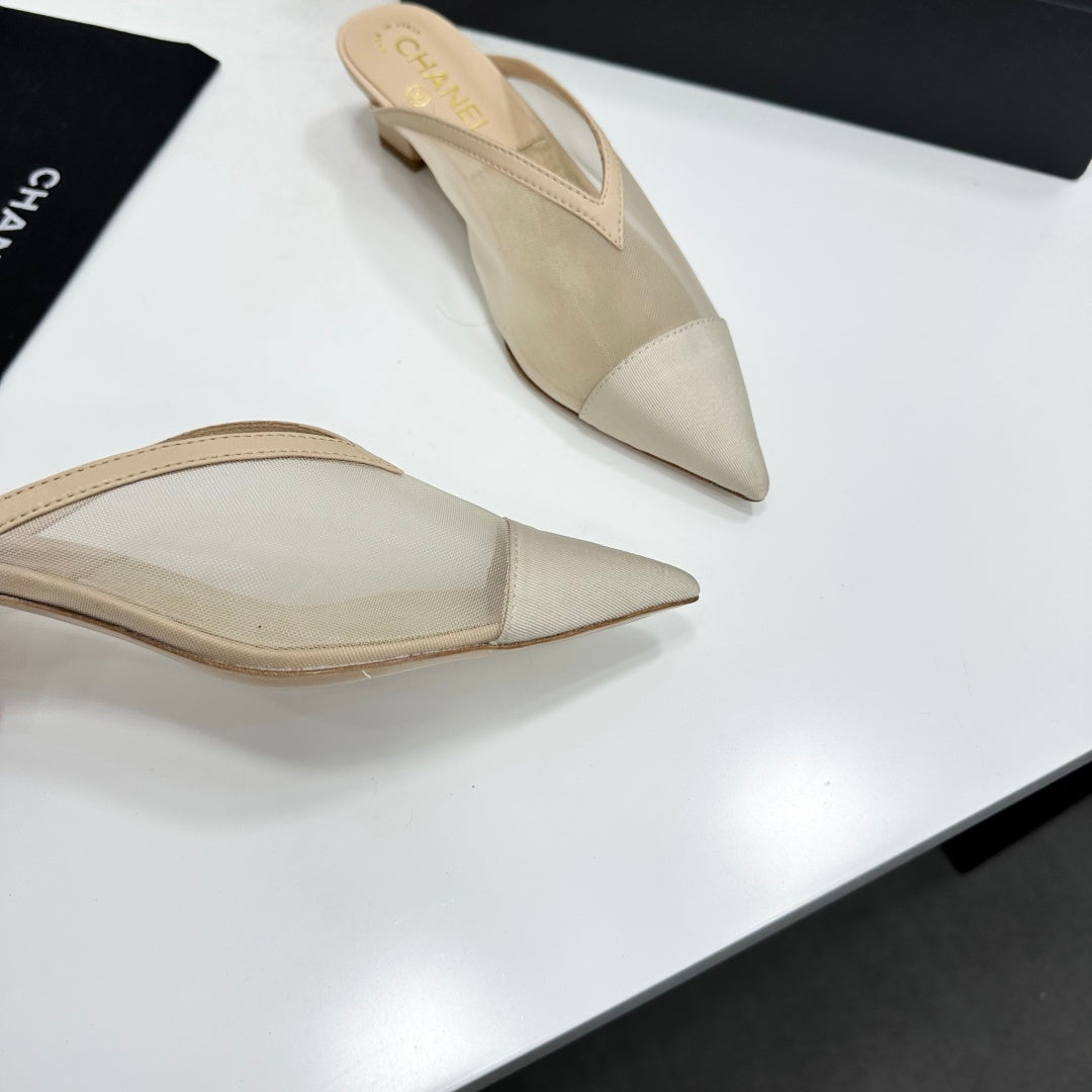 CC 26s Pointed-Toe Kitten Heel Mules Beige Mesh 926392
