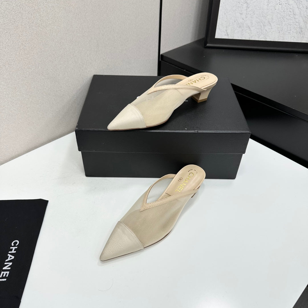 CC 26s Pointed-Toe Kitten Heel Mules Beige Mesh 926392