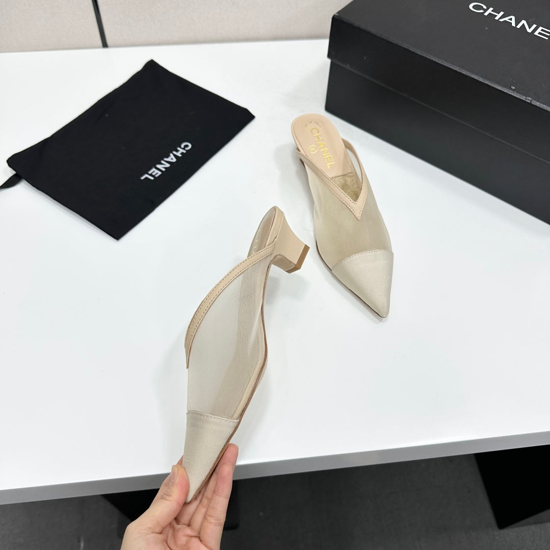 CC 26s Pointed-Toe Kitten Heel Mules Beige Mesh 926392