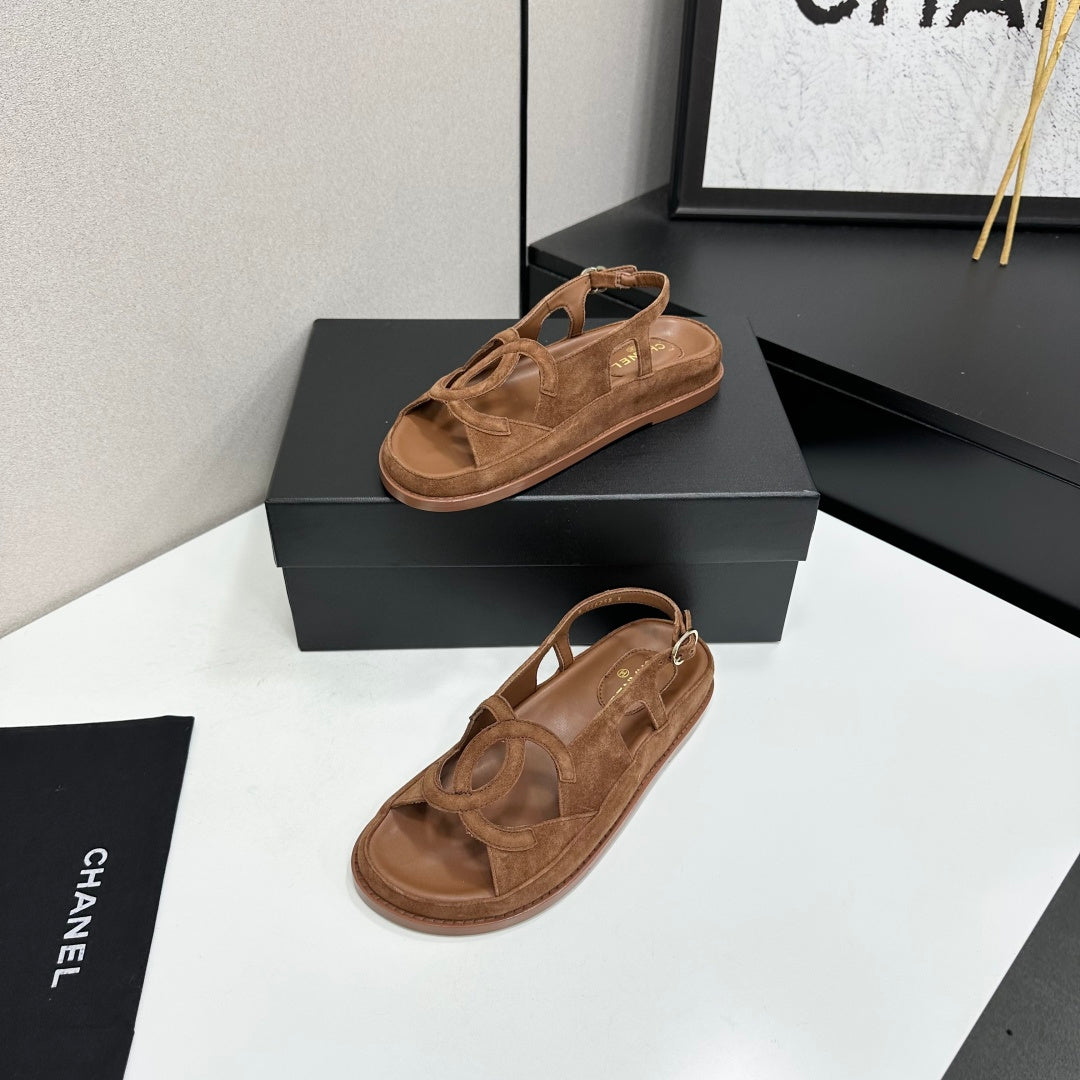 Chanel 26s Flat Sandals In Brown Suede