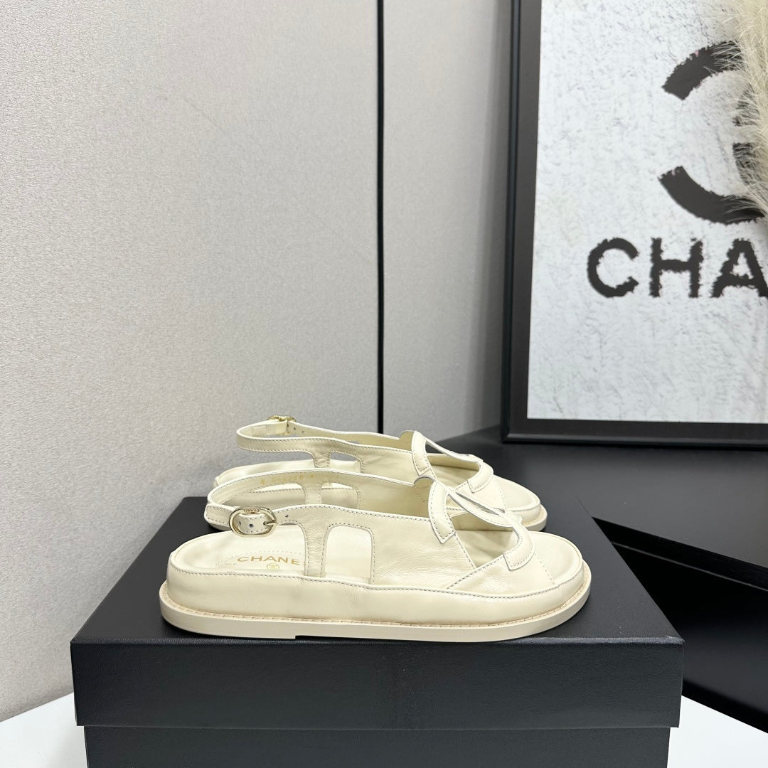 Chanel 26s Flat Sandals In Cream White Lambskin