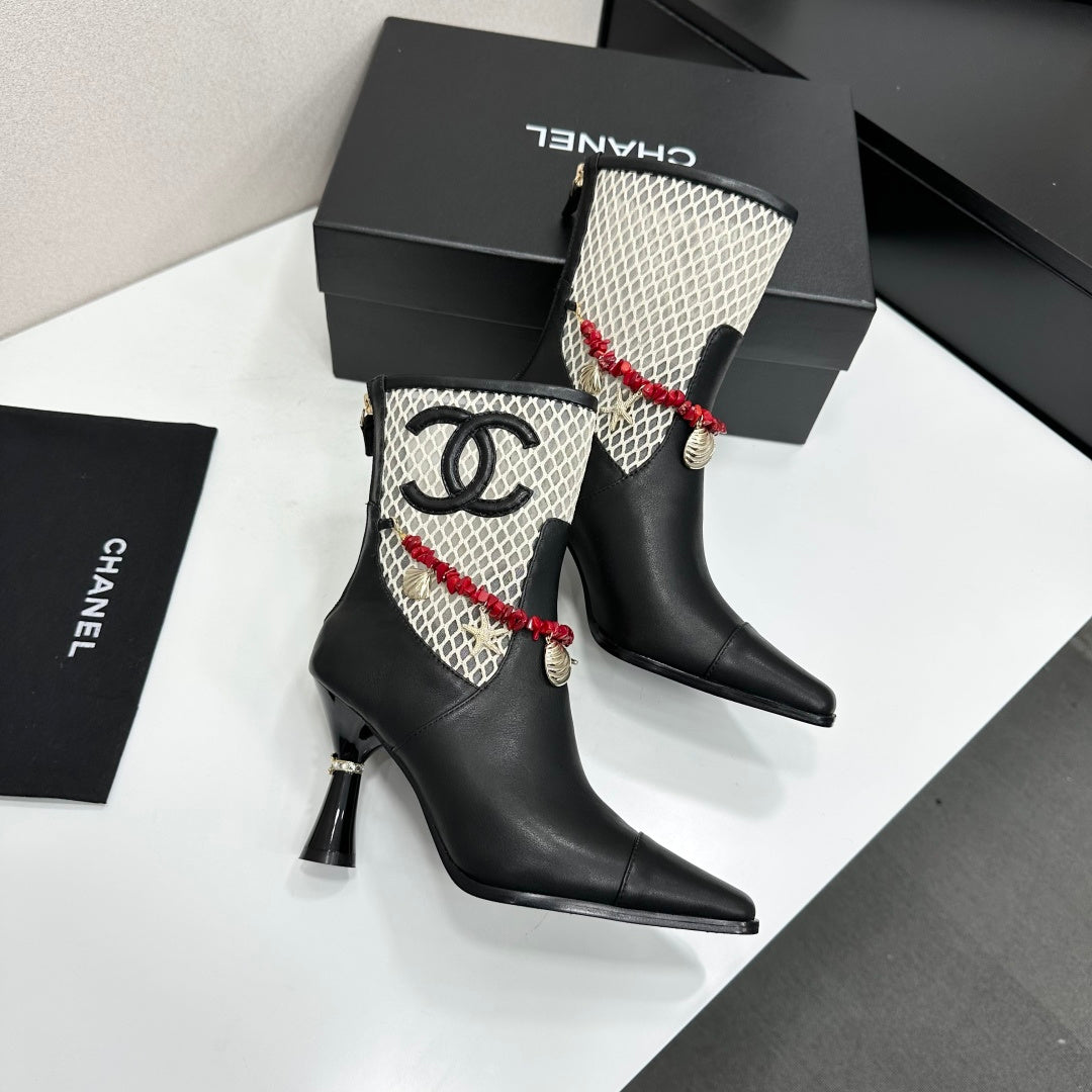 CC 26s Ankle Boots Seashell Charms Black White Mesh Leather 944675
