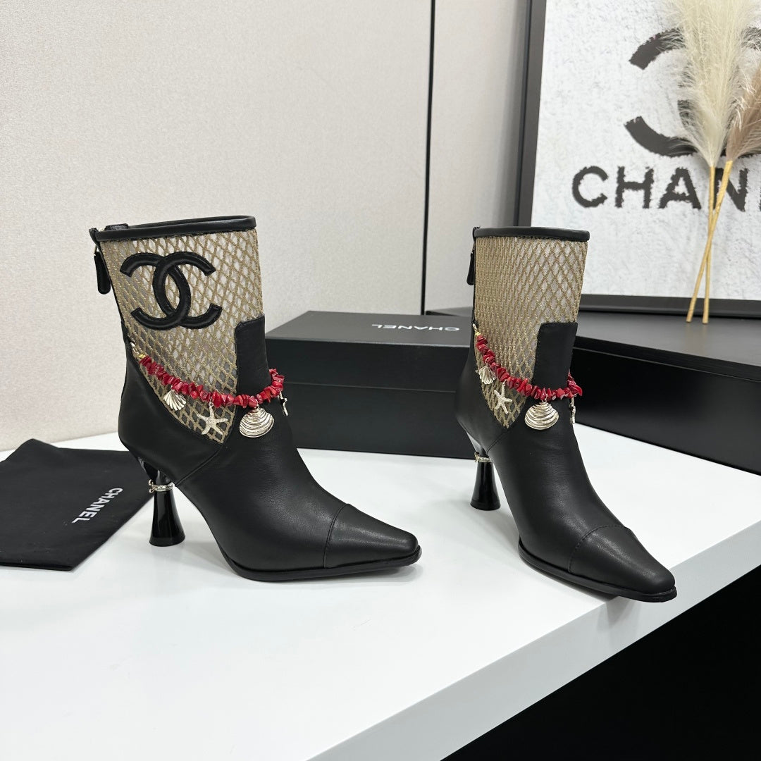 CC 26s Ankle Boots Seashell Charms Black Beige Mesh Leather 944677