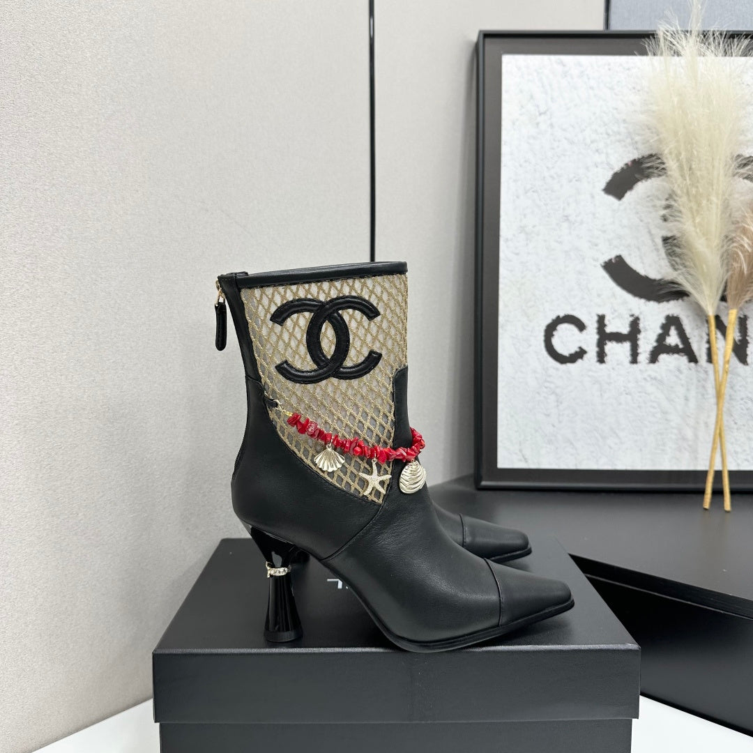 CC 26s Ankle Boots Seashell Charms Black Beige Mesh Leather 944677