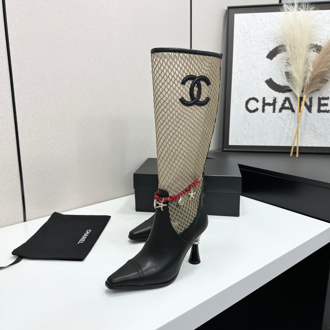 CC 26s Knee-High Boots Seashell Charms Black Beige Mesh Leather 944678