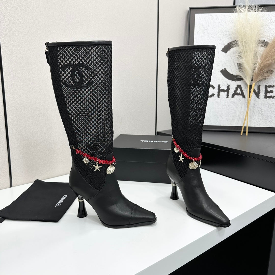 CC 26s Knee-High Boots Seashell Charms Black Mesh Leather 944679