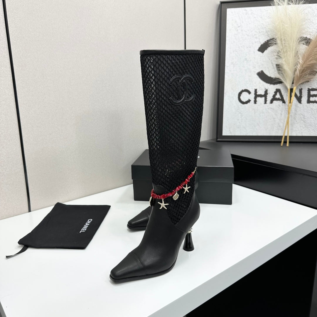 CC 26s Knee-High Boots Seashell Charms Black Mesh Leather 944679