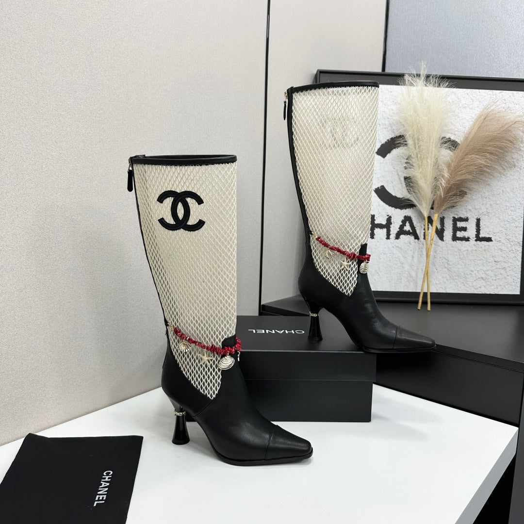 CC 26s Knee-High Boots Seashell Charms White Black Mesh Leather 944680