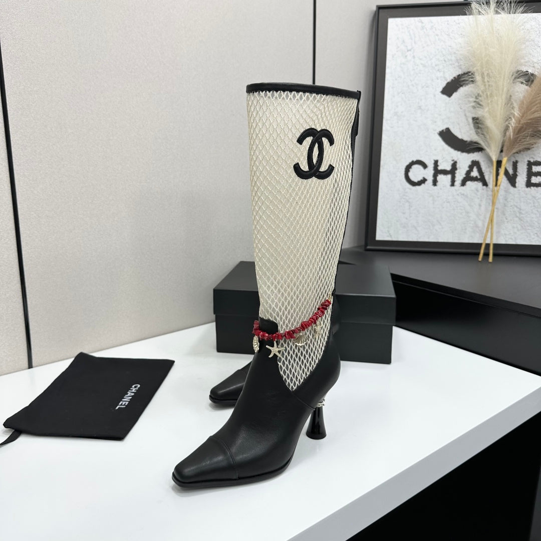 CC 26s Knee-High Boots Seashell Charms White Black Mesh Leather 944680