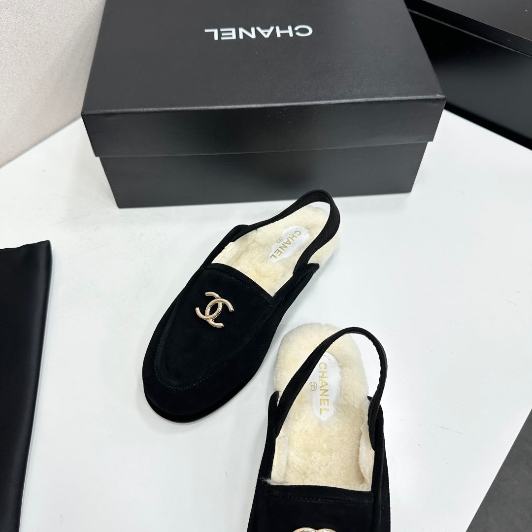 CC 26S Slingback Mules Black White Shearling Suede 147326