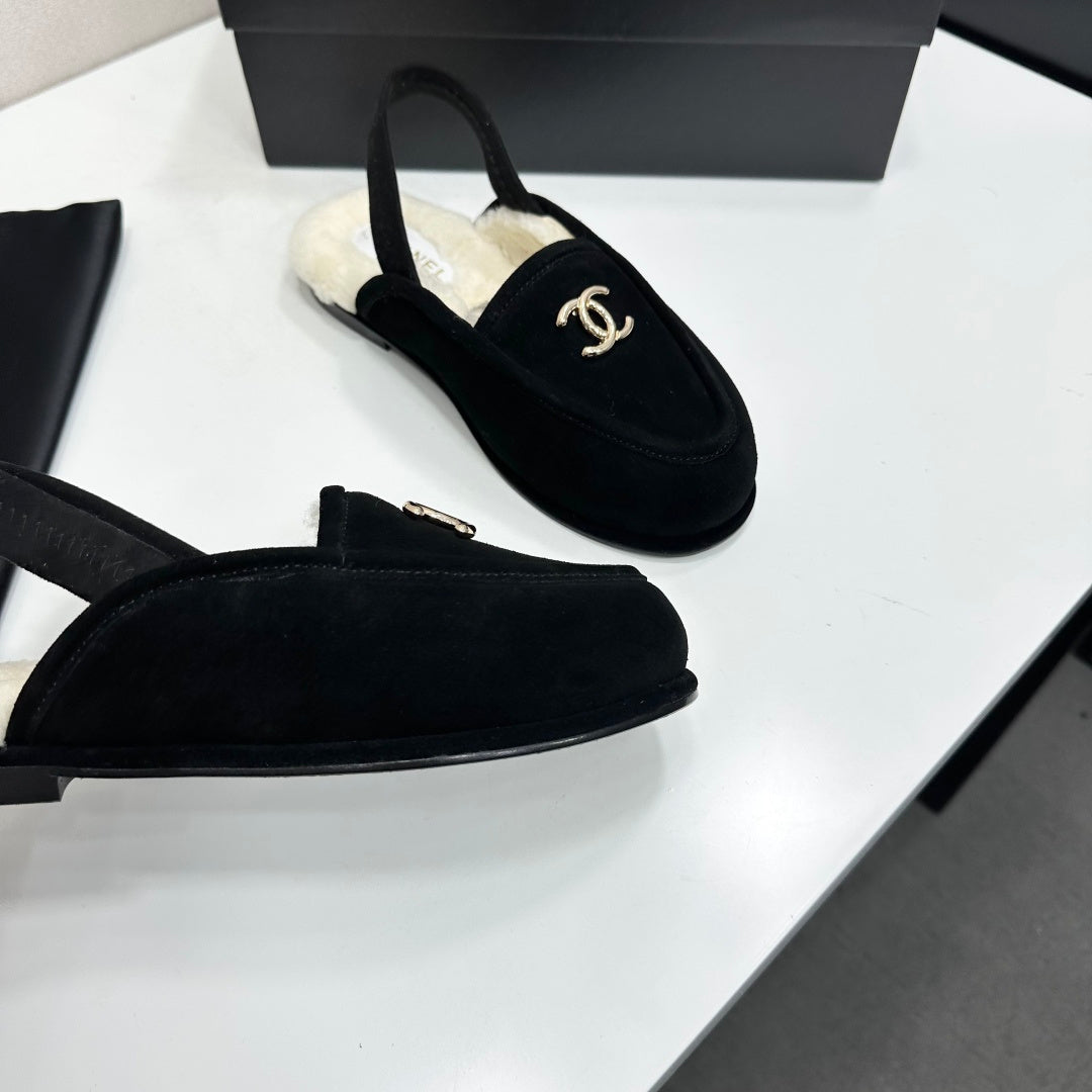 CC 26S Slingback Mules Black White Shearling Suede 147326