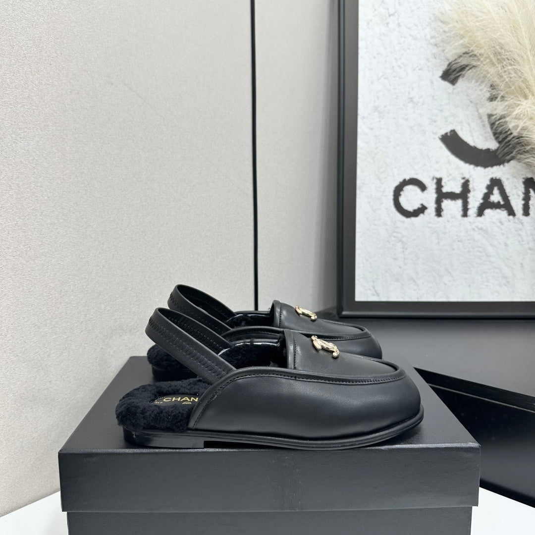 CC 26S Slingback Mules Black Shearling Leather 147322