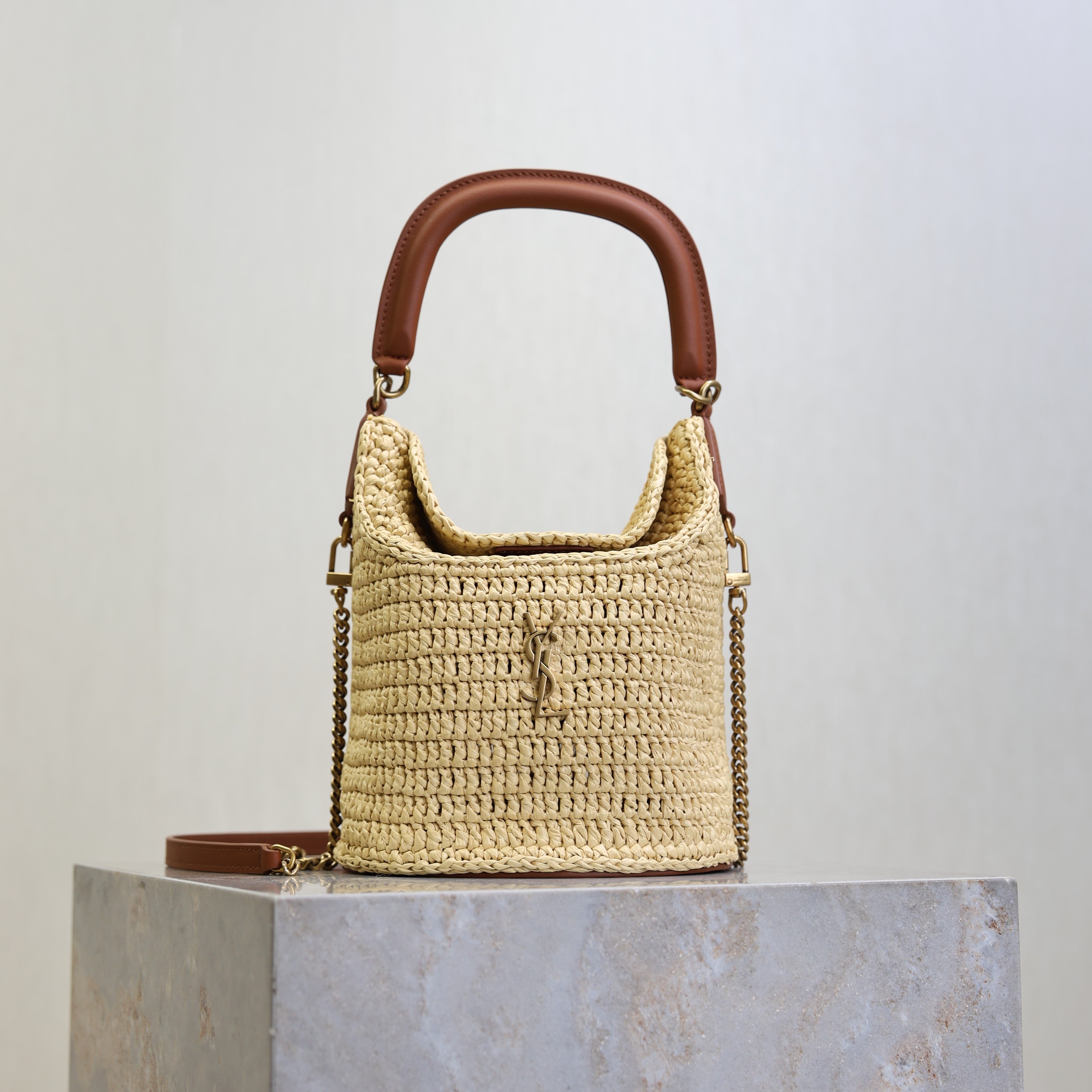 Prada GabyBucket 17cm Brown Beige Raffia Leather GHW