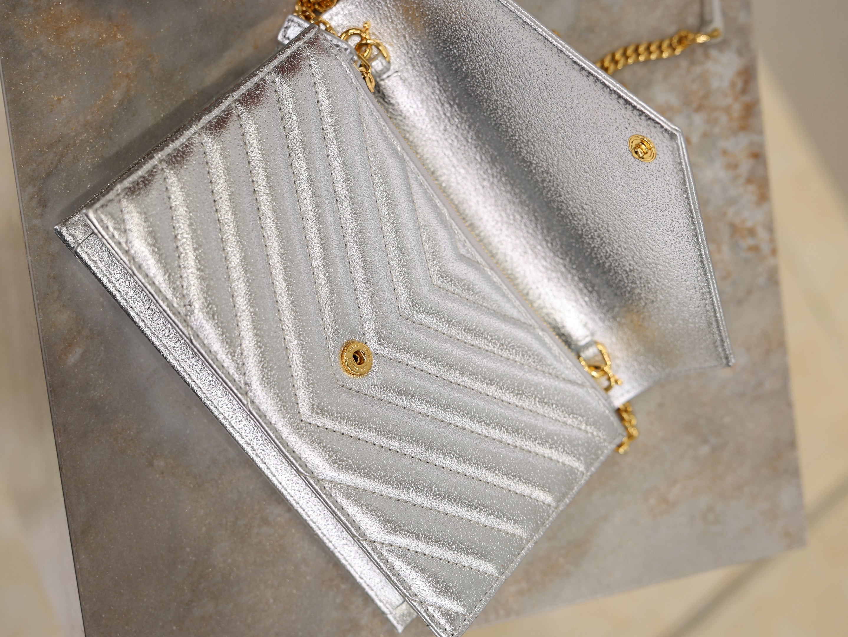 YSL Cassandre Matelassé Envelope Bag Sliver Metalic Leather