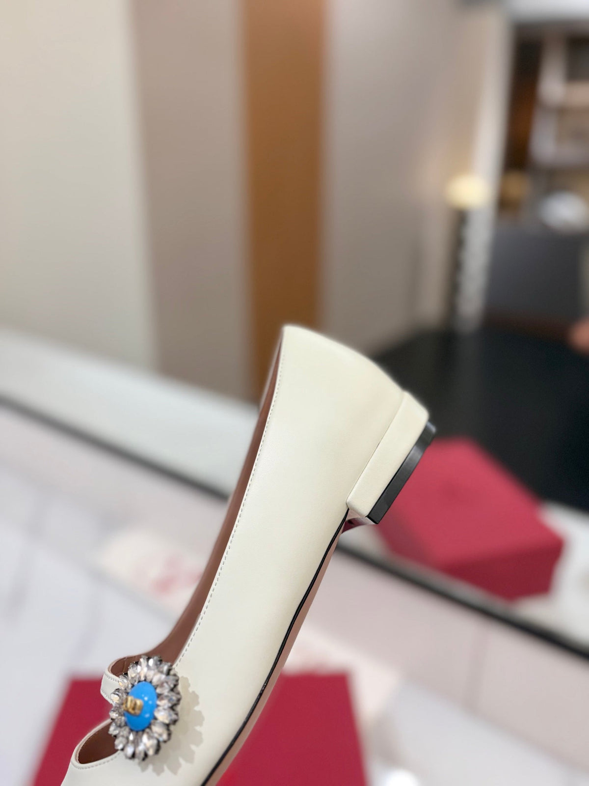 Valentino 26s Mary Jane Flats In White Calfskin With Crystal Flower